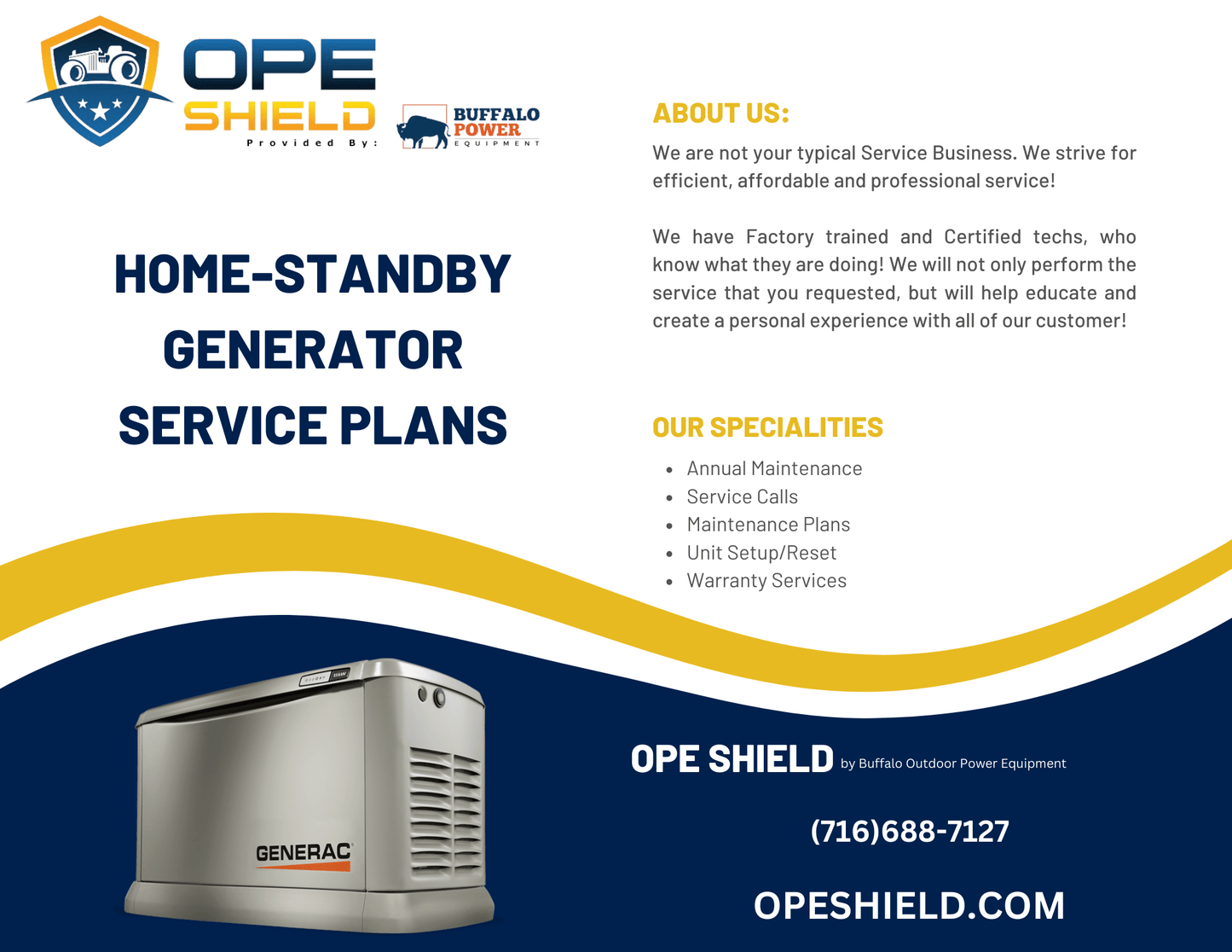 Residential Home Standby Generator - Maintenance Plan - 1 Year - OPE Sheild